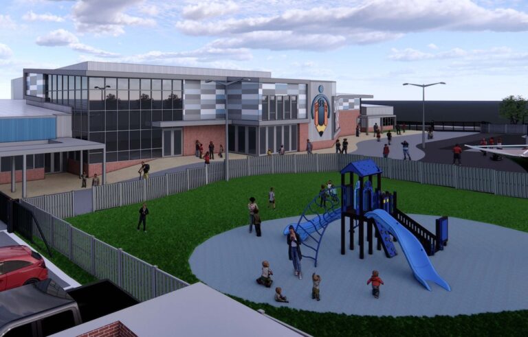 A rendering of a building with a playground in front of it.