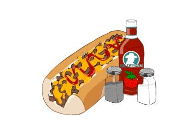 An illustration of a cheesesteak and a bottle of ketchup with a Billy Penn logo