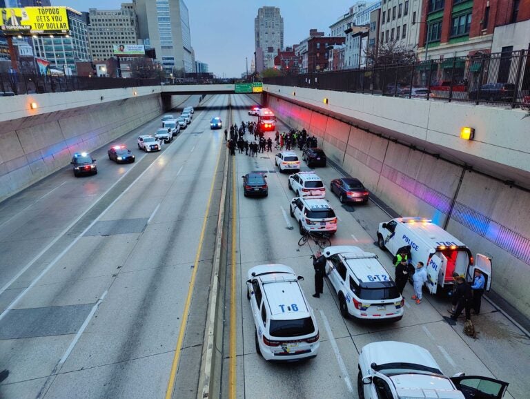 Dozens of arrests were made after a large demonstration partially shut down Interstate 676 westbound in Center City on Saturday. (Peter Crimmins/WHYY)