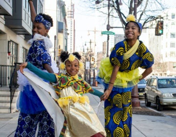 Young girls from the African American Stilt Ballet group pose for a photo outside of the Tinsley Temple United Methodist Church in South Philadelphia, PA on Feb. 25, 2024.