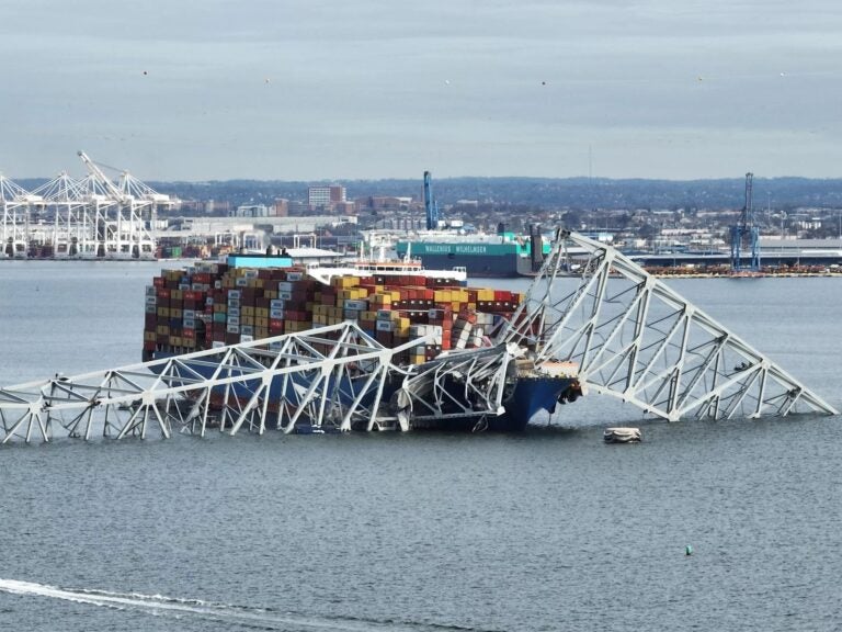 A steel frame from the collapsed Francis Scott Key bridge