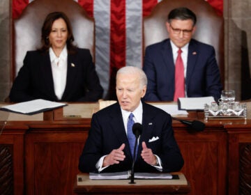 Biden delivers the SOTU address. Vice President Harris and Speaker of the House Mike Johnson look on
