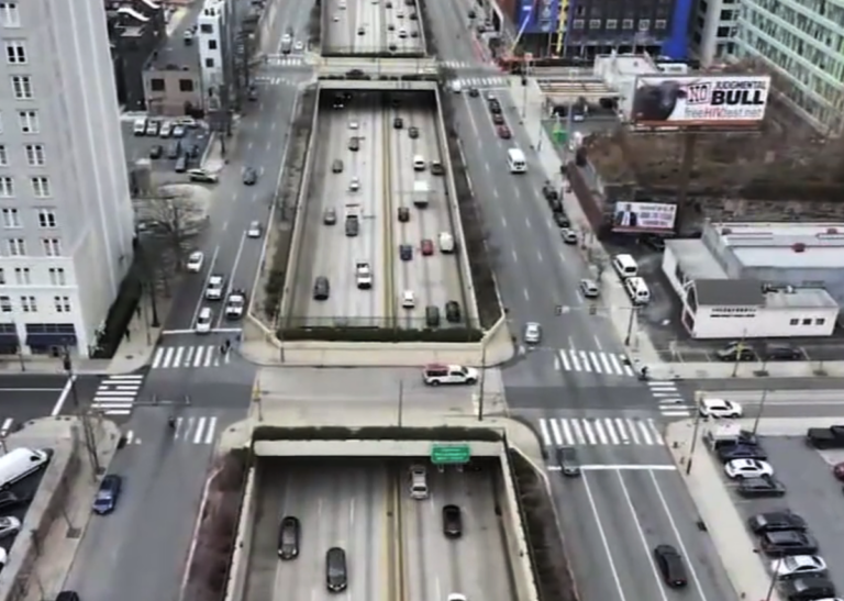 An aerial view of I-676 in Chinatown