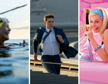 An image, from left to right, of scenes from Nyad, Mission Impossible, and Barbie.