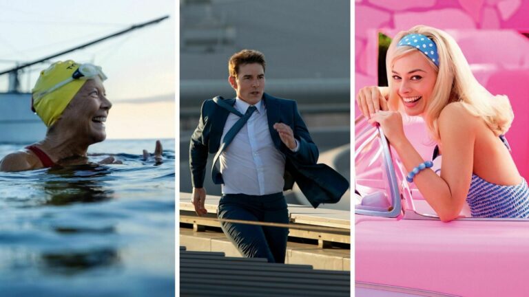 An image, from left to right, of scenes from Nyad, Mission Impossible, and Barbie.