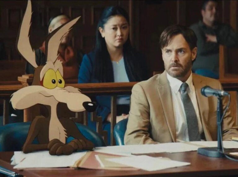 Wile E. Coyote and actor Will Forte are seen in a still image from the film Coyote vs. Acme. Eric Bauza, another actor in the film, posted the image online in December.