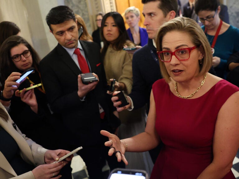 WASHINGTON, DC - FEBRUARY 05: U.S. Sen. Kyrsten Sinema (I-AZ) speaks to reporters at the U.S. Capitol on February 05, 2024 in Washington, DC. The Senate is working on bringing a bipartisan border security and immigration bill to the floor later this week for a vote. The bill, that also provides funding to Ukraine, Israel and humanitarian aid to Gaza, has received criticism from House Republicans, with Speaker Johnson saying it will be 