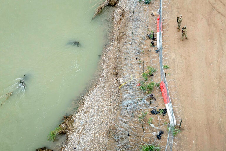 Aerial view from above of Texas National Guard soldiers are seen guarding the U.S.-Mexico border in Eagle Pass, Texas.