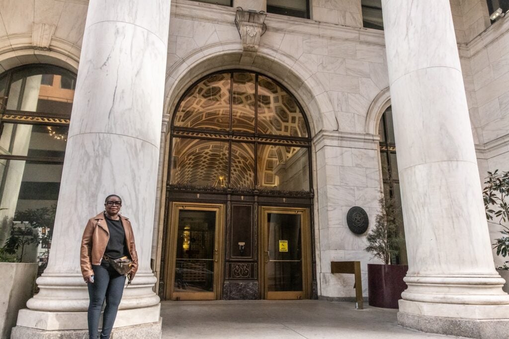 Keisha Hayes poses for a portrait outside the Public Ledger Building