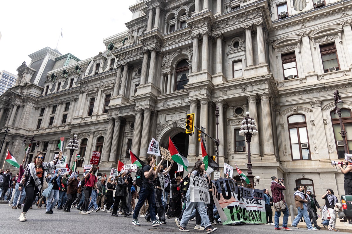 Philadelphia college students marched around City Hall to the campus of the University of Pennsylvania to protest U.S. support of Israel in the Gaza war on April 25, 2024. (Kimberly Paynter/WHYY)