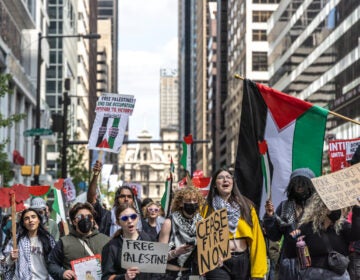 Philadelphia Temple, Drexel and UPenn students marched west on Market Street to the campus of the University of Pennsylvania to protest U.S. support of Israel in the Gaza war on April 25, 2024. (Kimberly Paynter/WHYY)