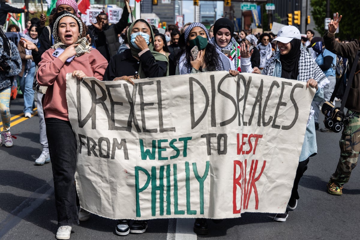 Philadelphia Temple, Drexel and UPenn students marched west on Market Street to the campus of the University of Pennsylvania to protest U.S. support of Israel in the Gaza war on April 25, 2024.