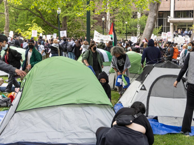 Protesters in support of Palestine pitched tents on the campus of the University of Pennsylvania after a march and rally calling for the school to disclose its investors and to stop silencing students on April 25, 2024. (Kimberly Paynter/WHYY)