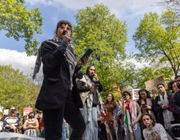 Chi-ming Yang, a professor of English literature at UPenn, voiced support for students protesting U.S. support of Israel in the Gaza war on April 25, 2024. (Kimberly Paynter/WHYY)