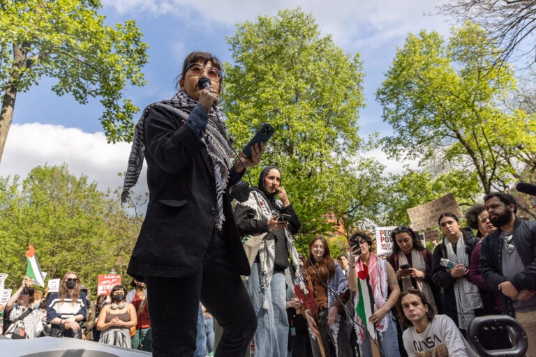 Chi-ming Yang, a professor of English literature at UPenn, voiced support for students protesting U.S. support of Israel in the Gaza war on April 25, 2024. (Kimberly Paynter/WHYY)