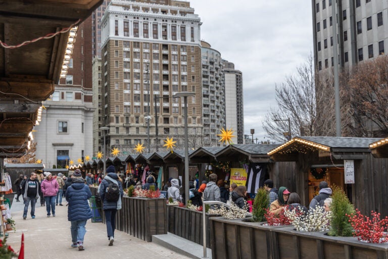 Christmas Village vendors at Love Park in Center City, Philadelphia. (Kimberly Paynter/WHYY)