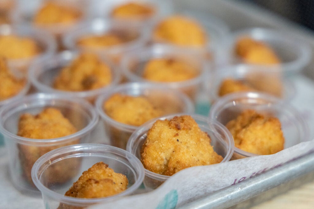 Lil’ Dippers, a plant-based “chicken” side, simulate the texture of popcorn chicken available at fast food restaurants. (Kimberly Paynter/WHYY)