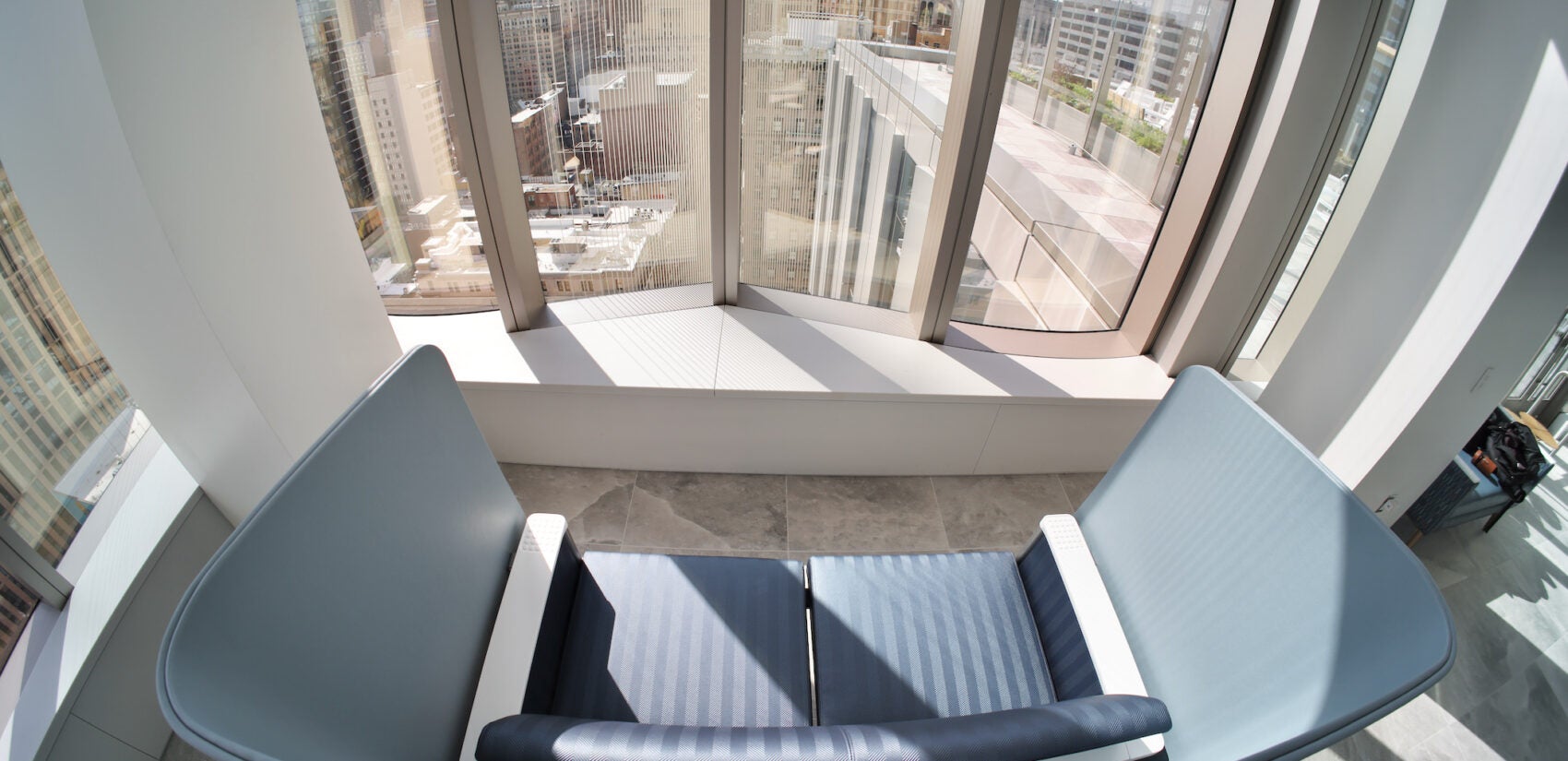 A chair at the Honickman Center overlooking Philadelphia