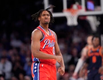 Philadelphia 76ers' Tyrese Maxey (0) gestures after making a 3-point basket during the second half of Game 2 in an NBA basketball first-round playoff series against the New York Knicks, Monday, April 22, 2024, in New York.