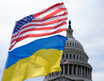 The American and Ukrainian flags wave in the wind outside of the Capitol on Tuesday, April 23, 2024, in Washington. The Senate is moving ahead with $95 billion in war aid to Ukraine, Israel and Taiwan.