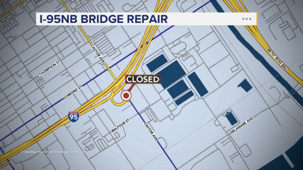 A map shows the location of the I-95 Northbound bridge repair.