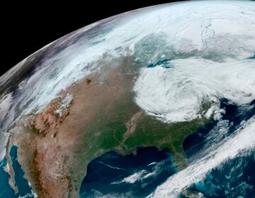 This satellite image provided by NOAA shows clouds over North America on Thursday, April 4, 2024.