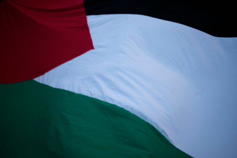 People flutter a Palestinian giant flag