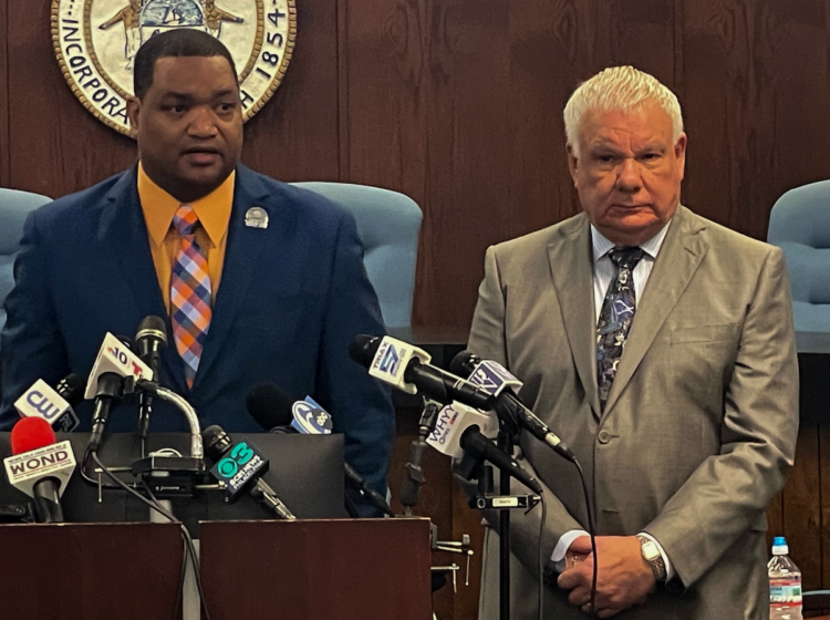 Atlantic City Mayor Marty Small Sr. (left) with his attorney, Ed Jacobs, addressing reporters during a press conference on April 1, 2024.
