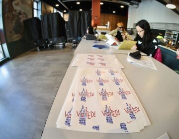 I Voted stickers are seen at a polling station in Philadelphia