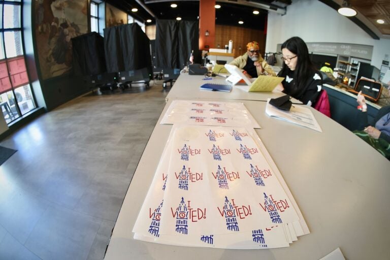 I Voted stickers are seen at a polling station in Philadelphia