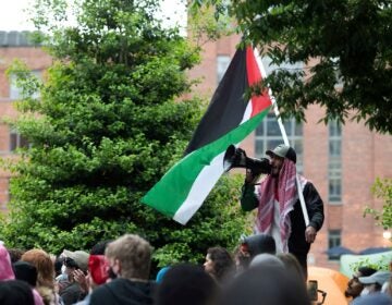 A student protests the Israel-Hamas war at George Washington University in Washington, D.C.