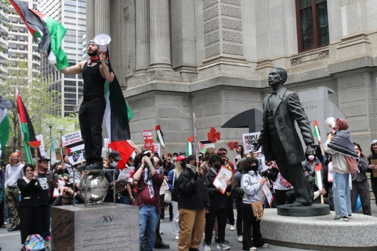 Hundreds of protesters gathered at City Hall on April 25, 2024 to demand a ceasefire in the Israel-Hamas War. (Cory Sharber/WHYY)