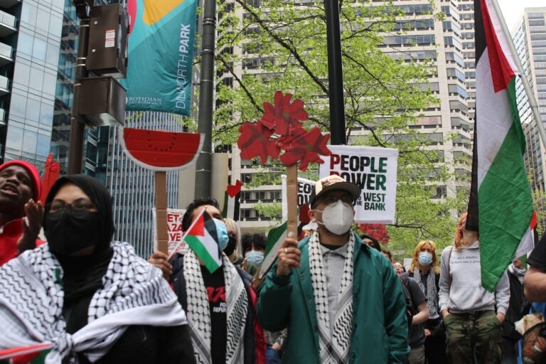 Hundreds of protesters gathered at City Hall on April 25, 2024 to demand a ceasefire in the Israel-Hamas War. (Cory Sharber/WHYY)