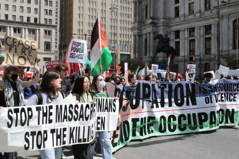 Hundreds of protesters gathered at City Hall on April 25, 2024 to demand a ceasefire in the Israel-Hamas War. (Cory Sharber/WHYY)