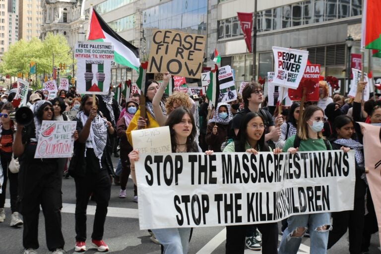 Hundreds of protesters gathered at City Hall on April 25, 2024 to demand a ceasefire in the Israel-Hamas War. (Cory Sharber/WHYY)