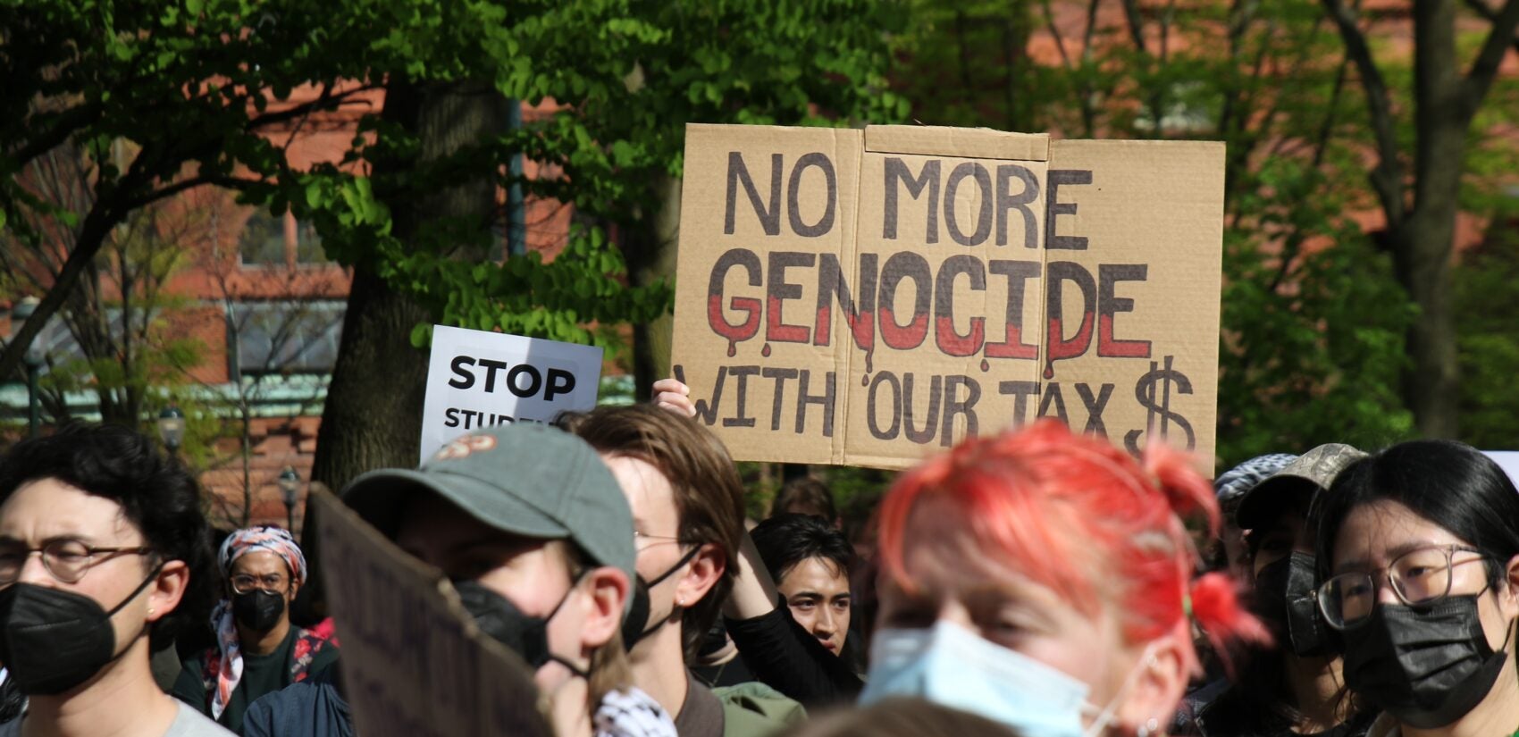 The protests converged at the University of Pennsylvania on April 25, 2024, where students are attempting to occupy the campus grounds. (Cory Sharber/WHYY)