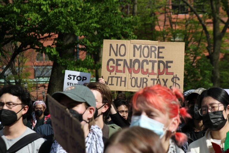 The protests converged at the University of Pennsylvania on April 25, 2024, where students are attempting to occupy the campus grounds. (Cory Sharber/WHYY)