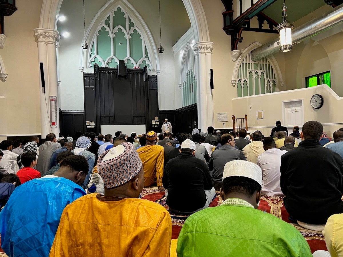 Worshippers at Norristown Islamic Society's mosque pray on the morning of Eid al-Fitr.