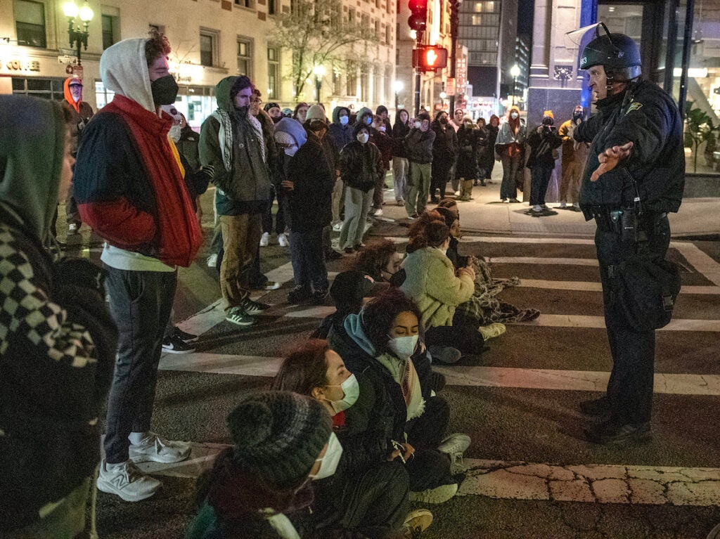 Protesters sitting in the street