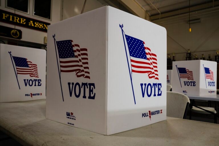 Voting booths are set up at a polling place in Newtown, Pa., Tuesday, April 23, 2024.