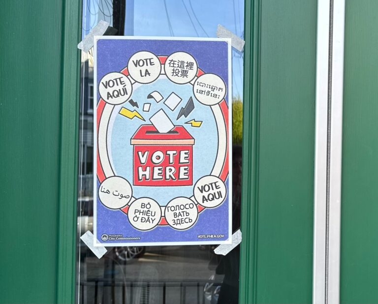 a Vote Here sign at a polling place in Fishtown