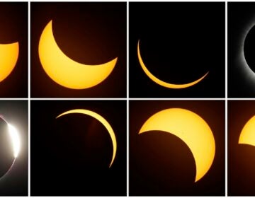 This combination of photos shows the path of the sun during a total eclipse by the moon Monday, Aug. 21, 2017, near Redmond, Ore.