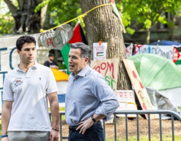 Dave McCormick with student Eyal Yakoby at UPenn’s protest encampment