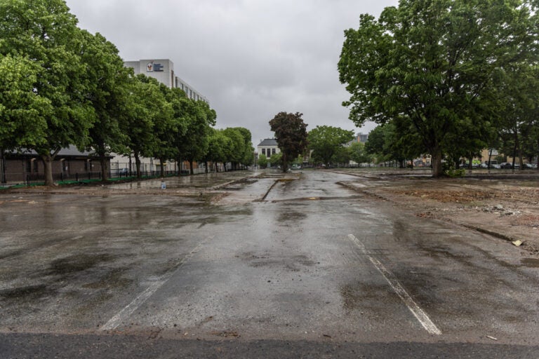 The lot where the UC Townhomes once stood on 3900 block of Market Street in Philadelphia. (Kimberly Paynter/WHYY)