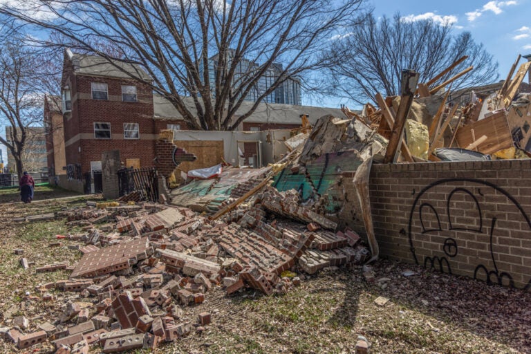 Demolition of the UC Townhomes in March of 2024. (Kimberly Paynter/WHYY)