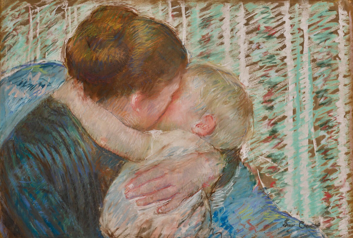 a painting of a mother hugging a child