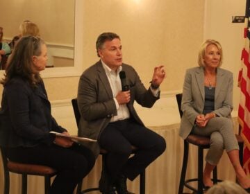 Republican Senate candidate David McCormick discusses education and “woke ideology” with  Aly Warner (left), chair of the Northampton County chapter of Moms for Liberty, and Betsy DeVos (right), secretary of education under the Trump Administration. (Carmen Russell-Sluchansky)