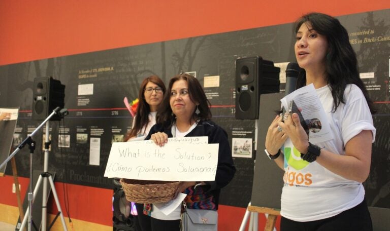 Organizers lead a discussion activity on Bucks County's immigrant community members' needs and ideas at an event at the Mercer Museum on May 29, 2024