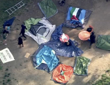 An overhead view of an encampment in support of Palestine in Clark Park