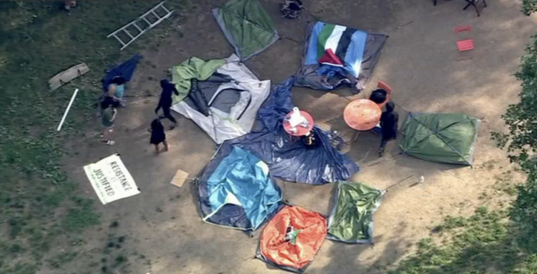 An overhead view of an encampment in support of Palestine in Clark Park